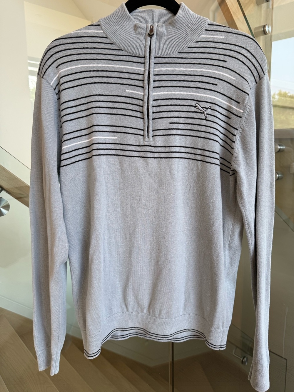 Puma Light Gray Half-Zip Striped Men's Sweater